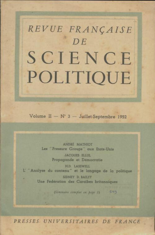 Livrenpoche : Revue française de science politique Volume Ii n°3 1952 - Collectif - Livre