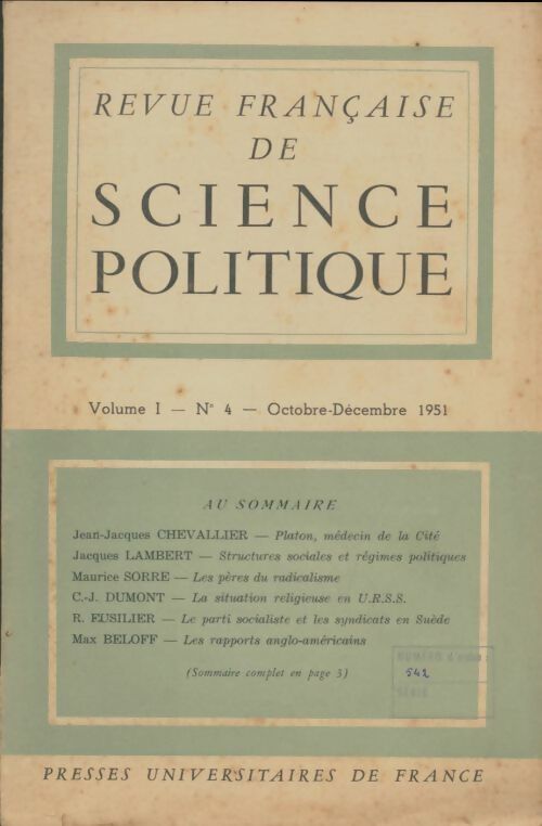 Livrenpoche : Revue française de science politique Volume I n°4 1951 - Collectif - Livre