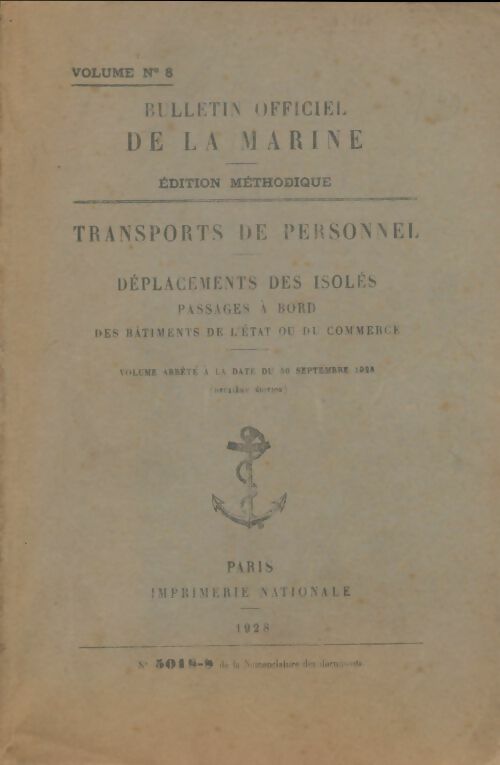 Livrenpoche : Bulletin officiel de la marine n°8 : Transports de personnel - Collectif - Livre