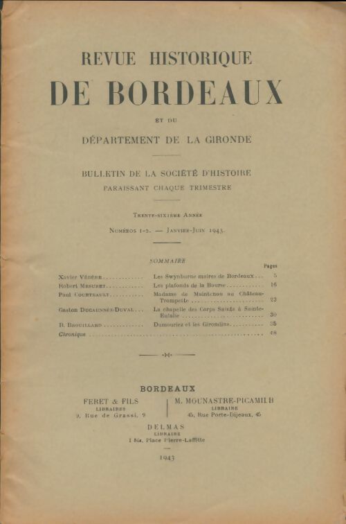 Livrenpoche : Revue historique de Bordeaux 36e année n°1-2 - Collectif - Livre