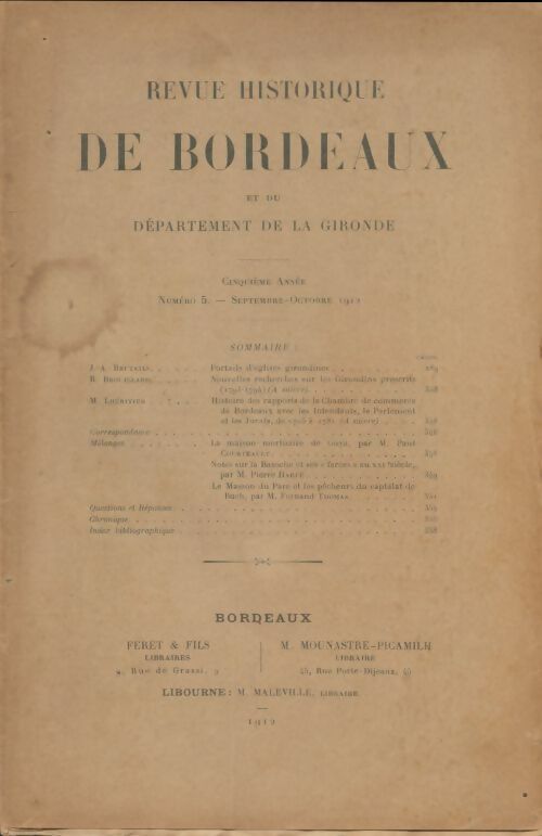 Revue historique de Bordeaux 5e année n°5 - Collectif -  Revue historique de Bordeaux - Livre
