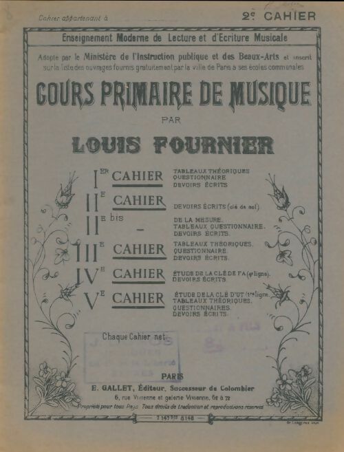 Cours primaire de musique 2e cahier - Louis Fournier -  Gallet - Livre