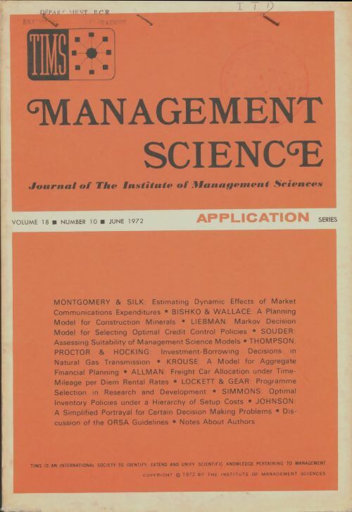 Livrenpoche : Management science volume 18 n°10 - Collectif - Livre