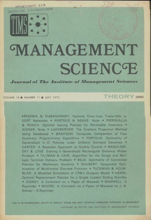 Livrenpoche : Management science volume 18 n°11 - Collectif - Livre