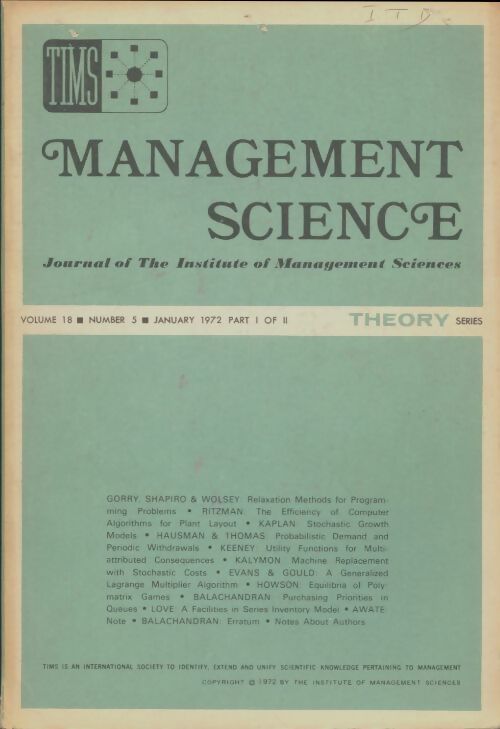 Livrenpoche : Management science volume 18 n°5 - Collectif - Livre