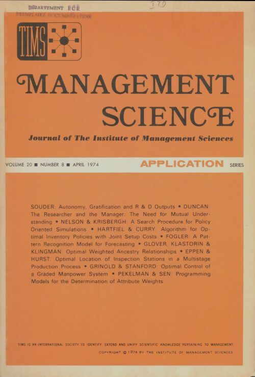 Livrenpoche : Management science volume 20 n°8 - Collectif - Livre