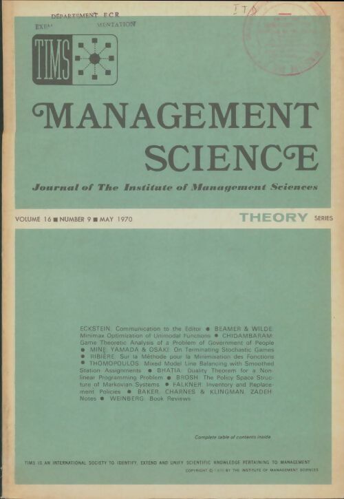 Livrenpoche : Management science volume 16 n°9 - Collectif - Livre