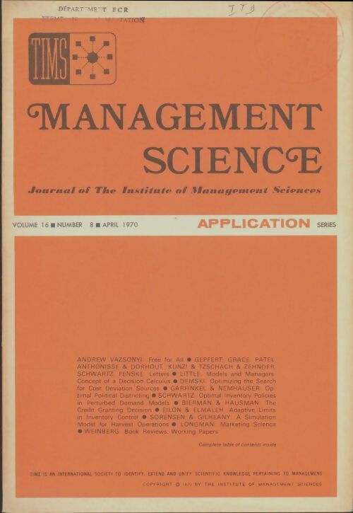 Livrenpoche : Management science volume 16 n°8 - Collectif - Livre