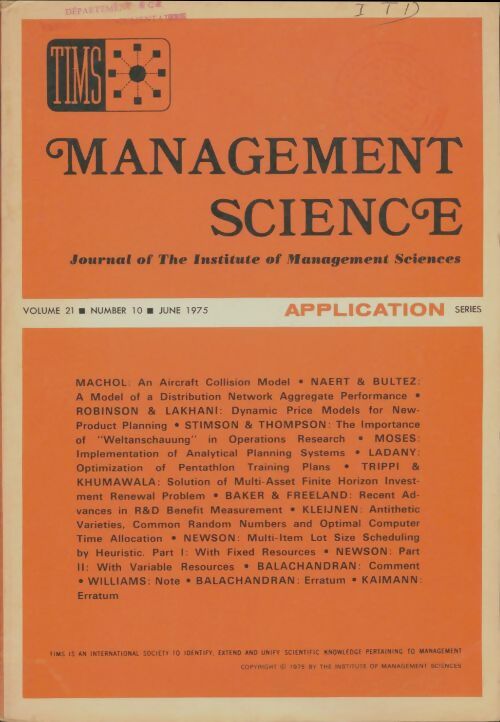 Livrenpoche : Management science volume 21 n°10 - Collectif - Livre