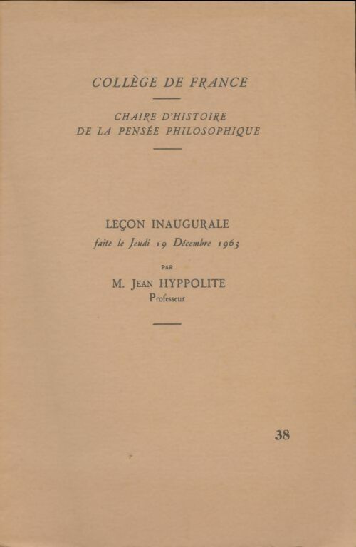 Livrenpoche : Chaire d'histoire de la pensée philosophique : Leçons inaugurale - Jean Hyppolite - Livre