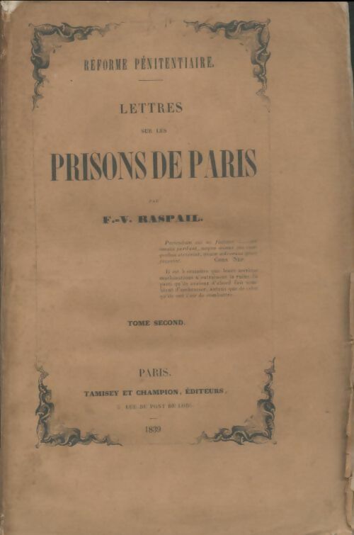 Livrenpoche : Lettres sur les prisons de Paris Tome II - F.V Raspail - Livre