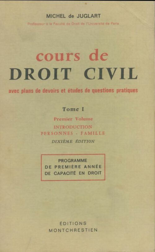Livrenpoche : Cours de droit civil Tome I - Michel De Juglart - Livre