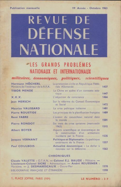 Livrenpoche : Revue de défense nationale Octobre 1963 - Collectif - Livre