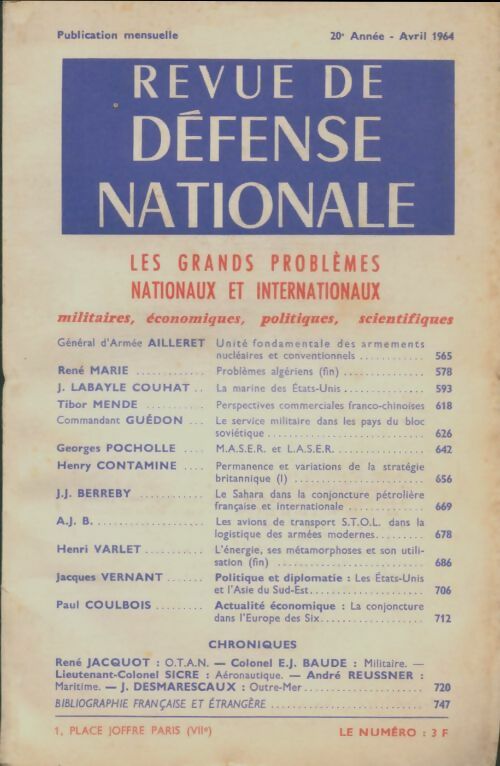 Livrenpoche : Revue de défense nationale Avril 1964 - Collectif - Livre