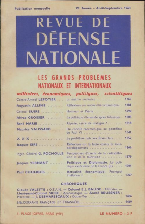 Livrenpoche : Revue de défense nationale Août 1963 - Collectif - Livre