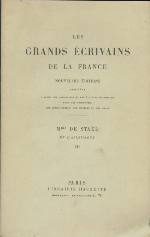 Livrenpoche : Madame de Stael : De l'Allemagne Tome III - Madame De Stael - Livre