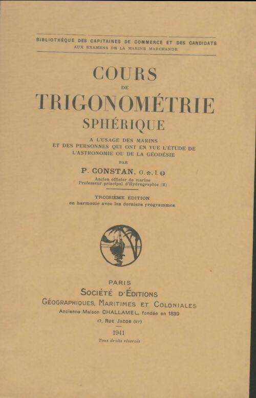 Livrenpoche : Cours de trigonométrie sphérique - P Constan - Livre