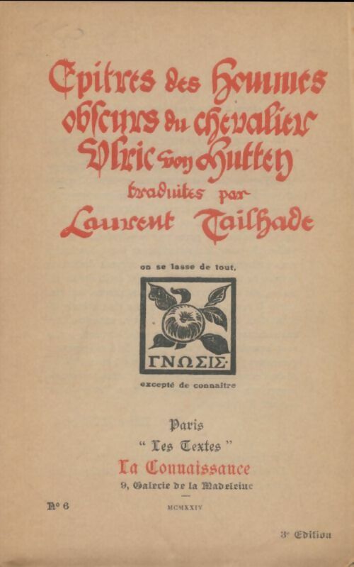 Livrenpoche : Épîtres des hommes obscurs du chevalier Ulric Von Hutten - Ulric Von Hutten - Livre