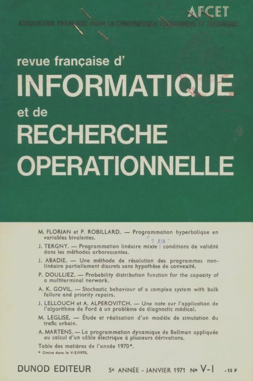 Livrenpoche : Revue française automatique informatique recherche opérationnelle n°V-1 1971 - Collectif - Livre