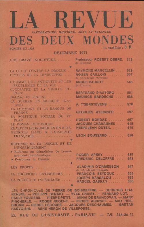 Livrenpoche : La revue des deux mondes décembre 1971 - Collectif - Livre