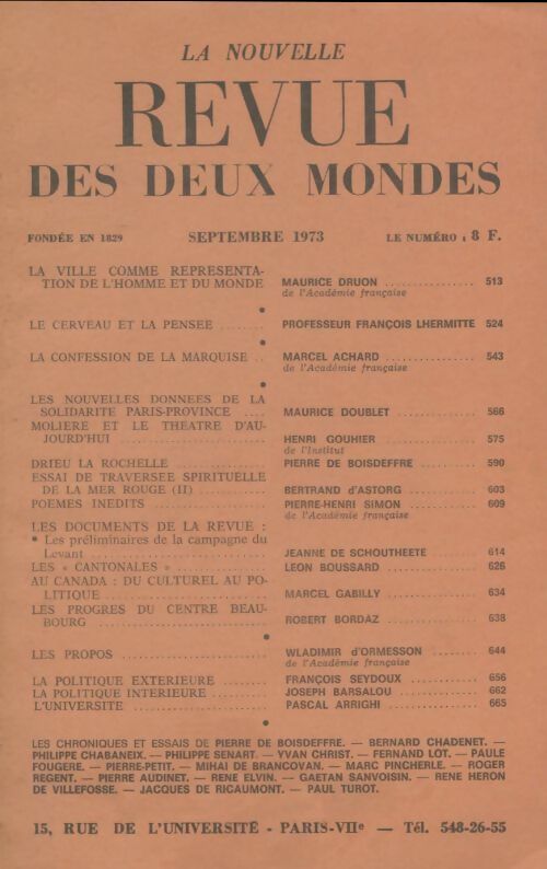 Livrenpoche : Revue des deux mondes septembre 1973 - Collectif - Livre