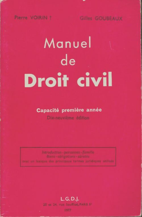 Manuel de droit civil : Capacité Première Année - Pierre Voirin -  Librairie générale de droit et de jurisprudence - Livre