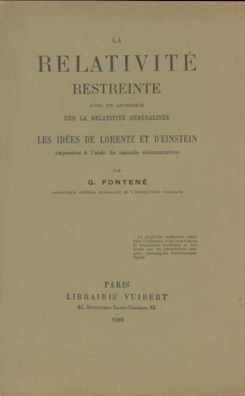 Livrenpoche : La relativité restreinte - G Fontené - Livre