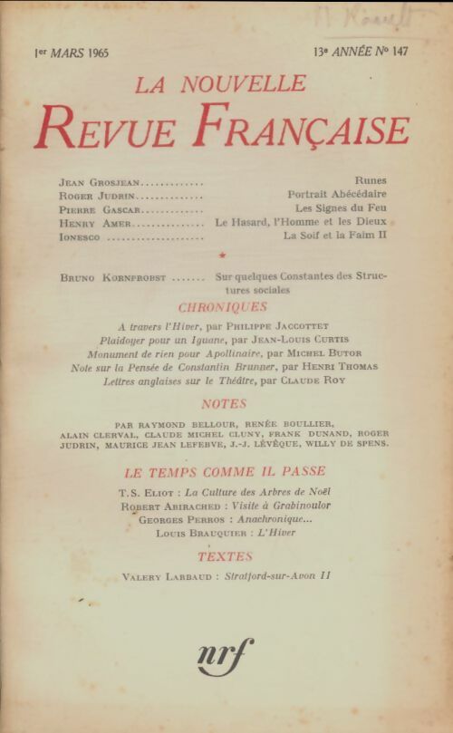 Livrenpoche : La nouvelle revue française n°147 - Collectif - Livre
