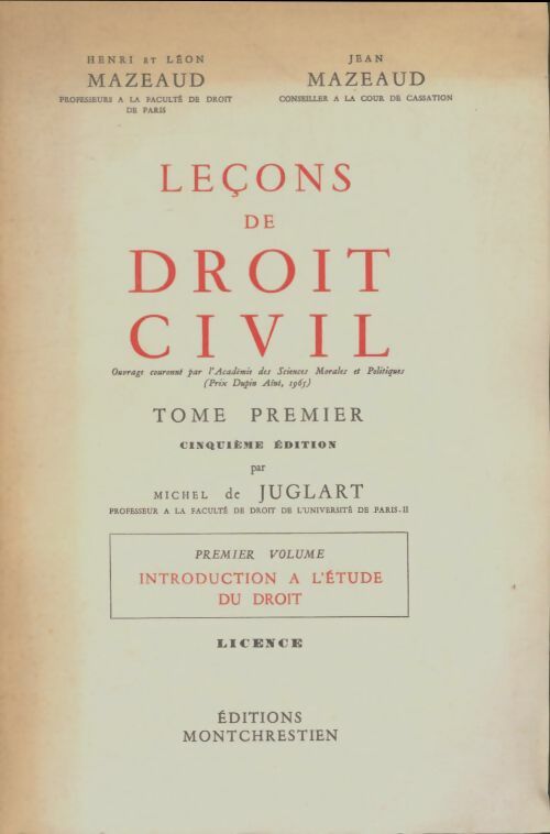 Livrenpoche : Leçons de droit civil tome I - Henri Mazeaud - Livre