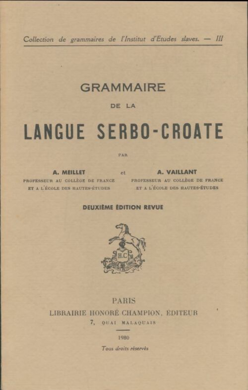 Livrenpoche : Grammaire de la langue serbo-croate - A Meillet - Livre