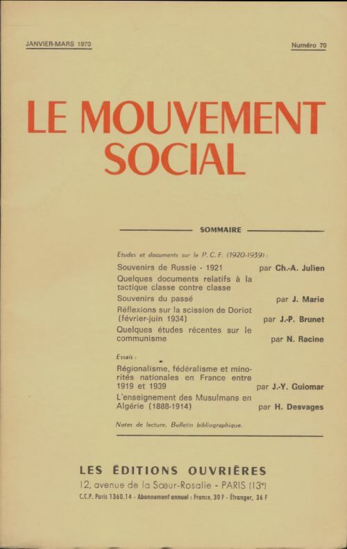 Livrenpoche : Le mouvement social n°70 - Collectif - Livre