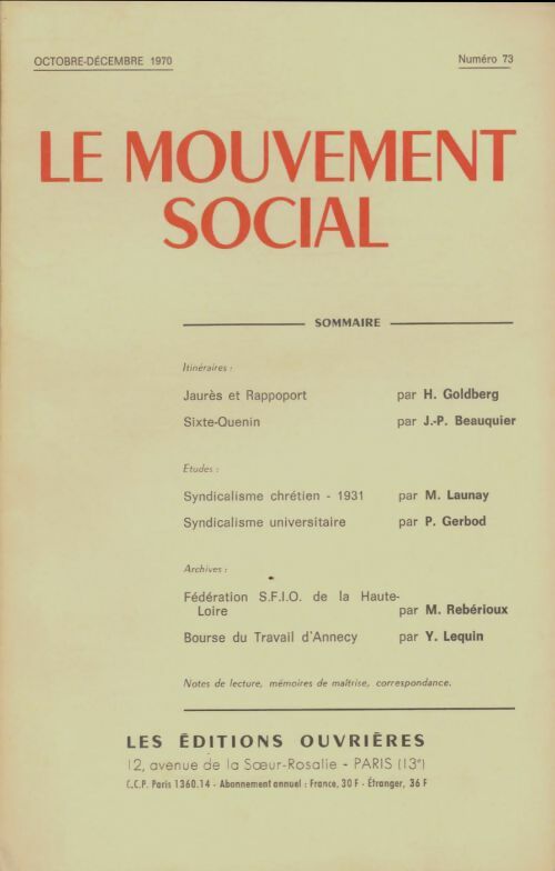 Livrenpoche : Le mouvement social n°73 - Collectif - Livre