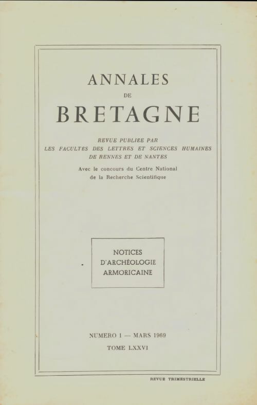 Livrenpoche : Annales de Bretagne Tome LXXVI n°1 - Collectif - Livre