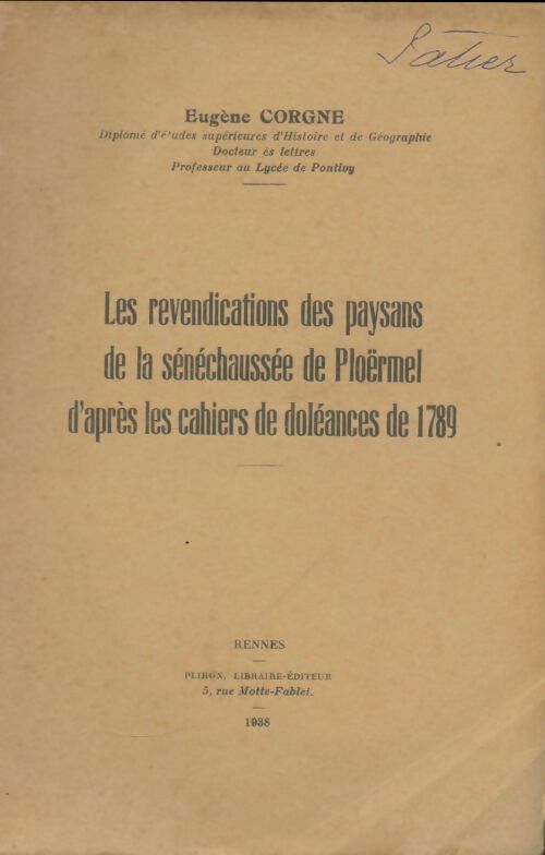 Livrenpoche : Les revendications des paysans de la sénéchaussée de Ploërmel d'après des cahiers de doléances de 1789 - Eugène Corgne - Livre
