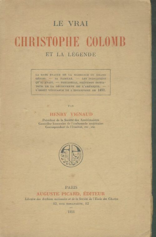 Livrenpoche : Le vrai Christophe Colomb et la légende - Henry Vignaud - Livre