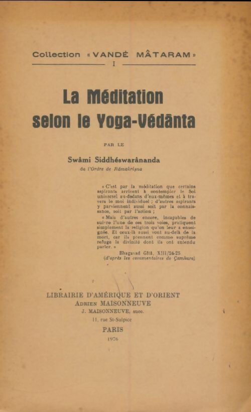 Livrenpoche : La méditation selon le yoga-védanta - Swami Siddheswarahanda - Livre