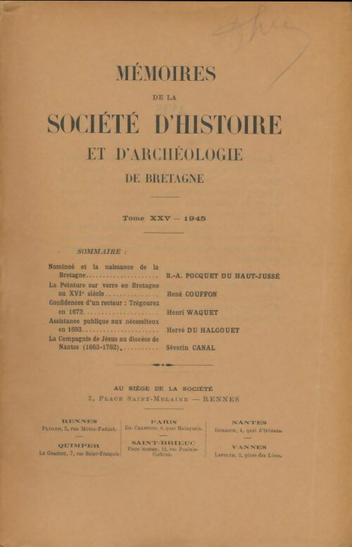 Livrenpoche : Mémoires de la société d'histoire et d'archéologie de Bretagne Tome XXV - Collectif - Livre