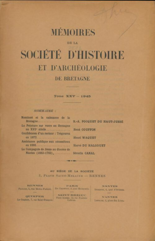 Mémoires de la société d'histoire et d'archéologie de Bretagne Tome XXV - Collectif -  Société d'histoire et d'archéologie de Bretagne GF - Livre
