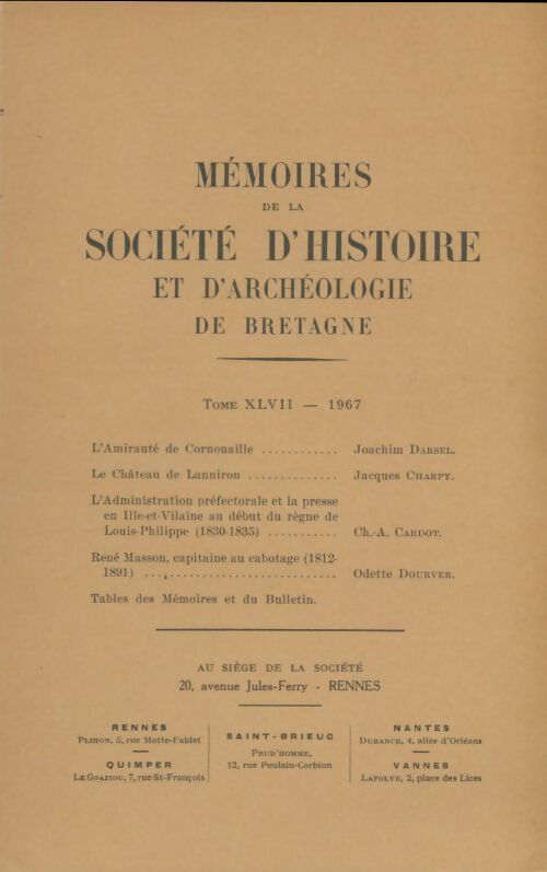 Livrenpoche : Mémoires de la société d'histoire et d'archéologie de Bretagne Tome XLVII - Collectif - Livre