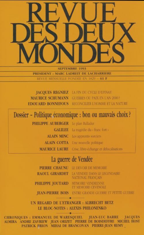Livrenpoche : Revue des deux mondes septembre 1993 - Collectif - Livre