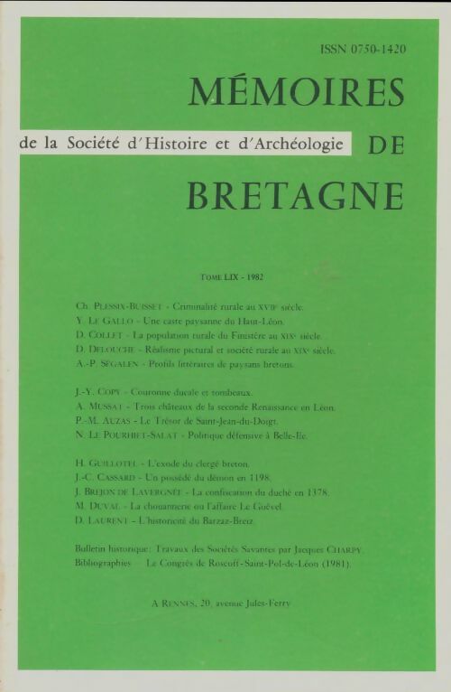 Livrenpoche : Mémoires de la société d'histoire et d'archéologie de Bretagne Tome LIX - Collectif - Livre