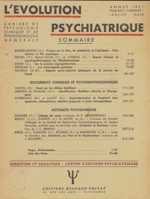 Livrenpoche : L'évolution psychiatrique Tome XXXVI fascicule 1 - Collectif - Livre