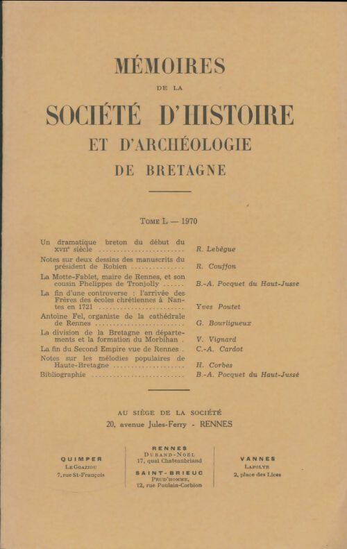 Livrenpoche : Mémoires de la société d'histoire et d'archéologie de Bretagne Tome L - Collectif - Livre