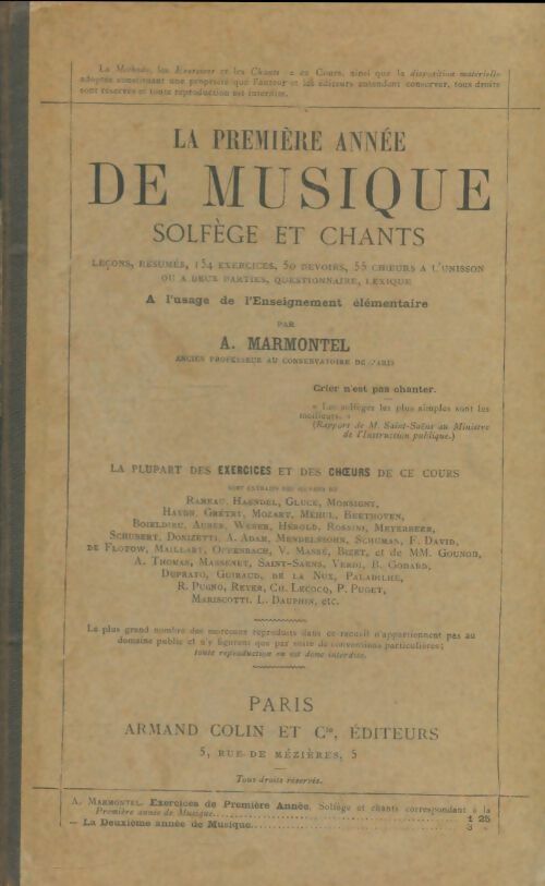 Livrenpoche : La première année de musique, solfège et chants - A. Marmontel - Livre