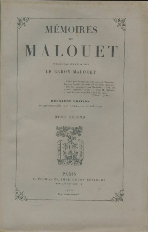 Livrenpoche : Mémoires de Malouet Tome II - Baron Malouet - Livre
