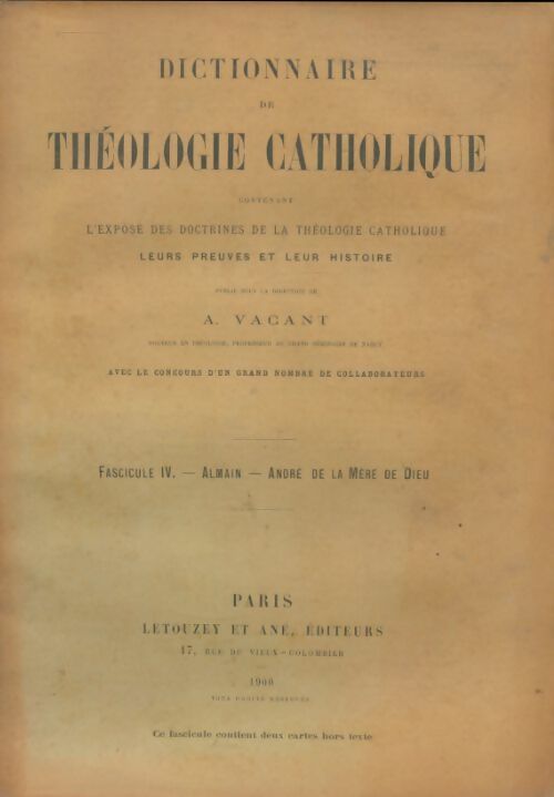 Livrenpoche : Dictionnaire de théologie catholique fascicule IV - A Vacant - Livre