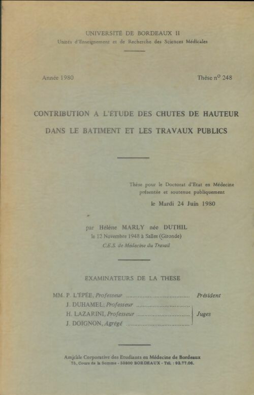 Livrenpoche : Contribution à l'étude des chutes de hauteur dans le bâtiment et les travaux publics - Hélène Marly - Livre
