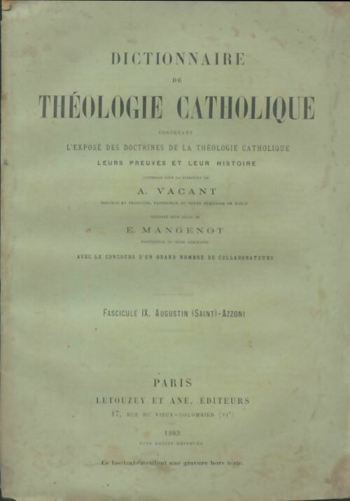 Livrenpoche : Dictionnaire de théologie catholique fascicule IV - A Vacant - Livre
