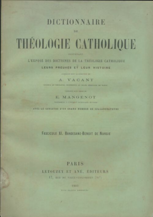 Livrenpoche : Dictionnaire de théologie catholique fascicule XI - A Vacant - Livre