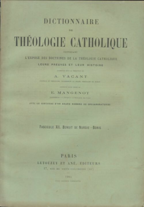 Livrenpoche : Dictionnaire de théologie catholique fascicule XII - A Vacant - Livre